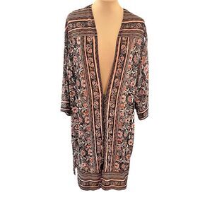 Womens SZ S Boho Flowy Long Duster Cardigan Kimono Floral Artsy Cottagecore 70s